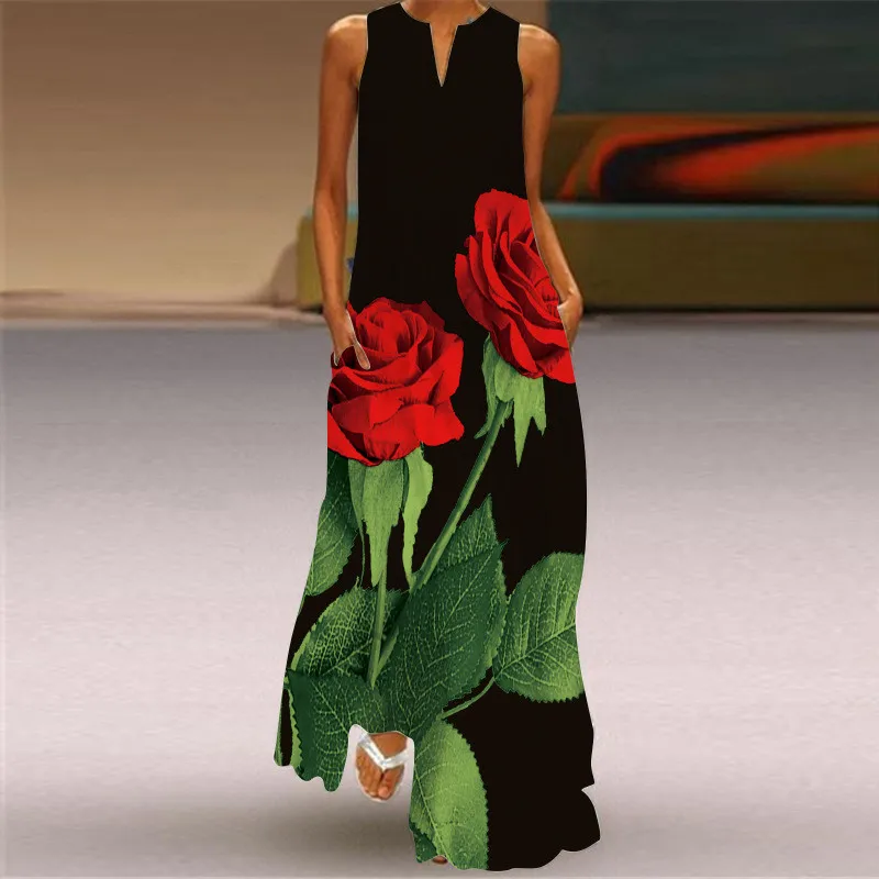 Summer Rose Clothing - Red Rose Print Long Dress For