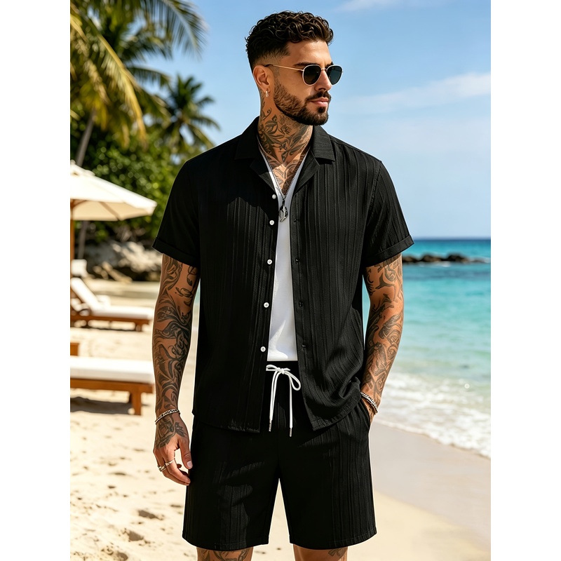 Summer Clothing Beach - 2Men's Summer Casual Suit Set，Cuban collar