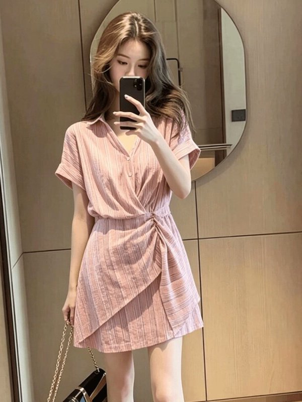 Summer Line Clothing Brand - Slimming Striped Short Sleeve Waist Cinched