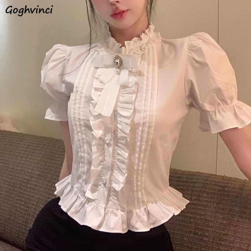 Summer Clothing Aesthetic - Puff Sleeve Shirts Women White Ruffles