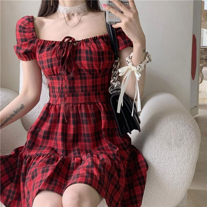 Red Plaid Mini Dress Women's C - Summer Clothing Drawing recension och pris