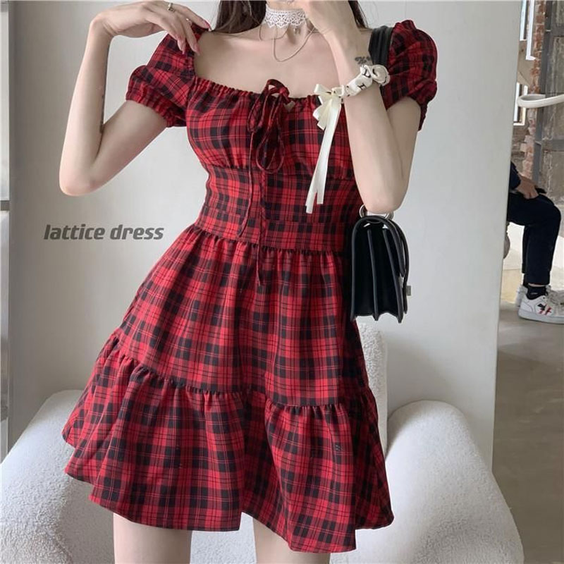 Red Plaid Mini Dress Women's C - Summer Clothing Drawing recension och pris