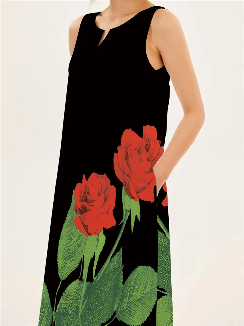 Red Rose Print Long Dress For  - Summer Rose Clothing recension och pris
