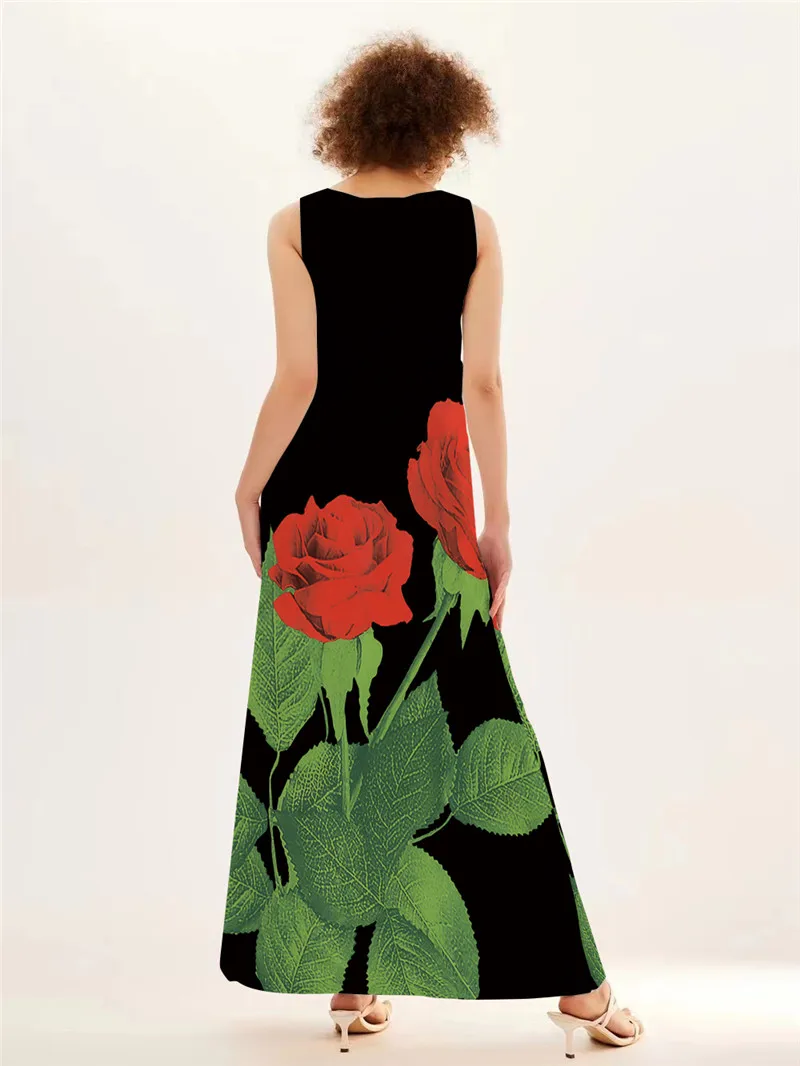 Red Rose Print Long Dress For  - Summer Rose Clothing recension och pris